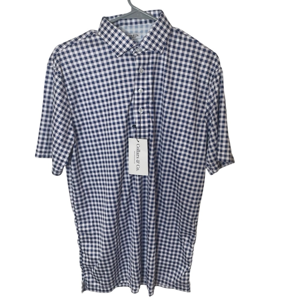 NWT Collars & Co. Navy Gingham Semi-Spread Collar Relaxed Polo in‎ Size Medium - Picture 2 of 7